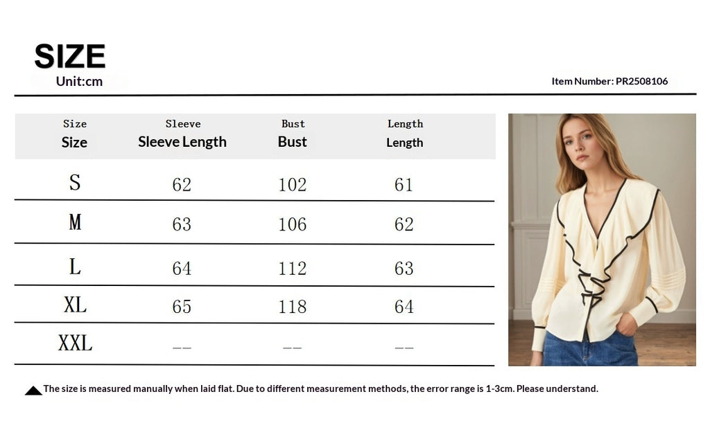 New Women's V-neck Retro Loose-fit Contrast-color Pleated Blouse