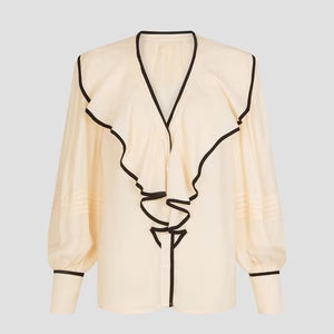 New Women's V-neck Retro Loose-fit Contrast-color Pleated Blouse